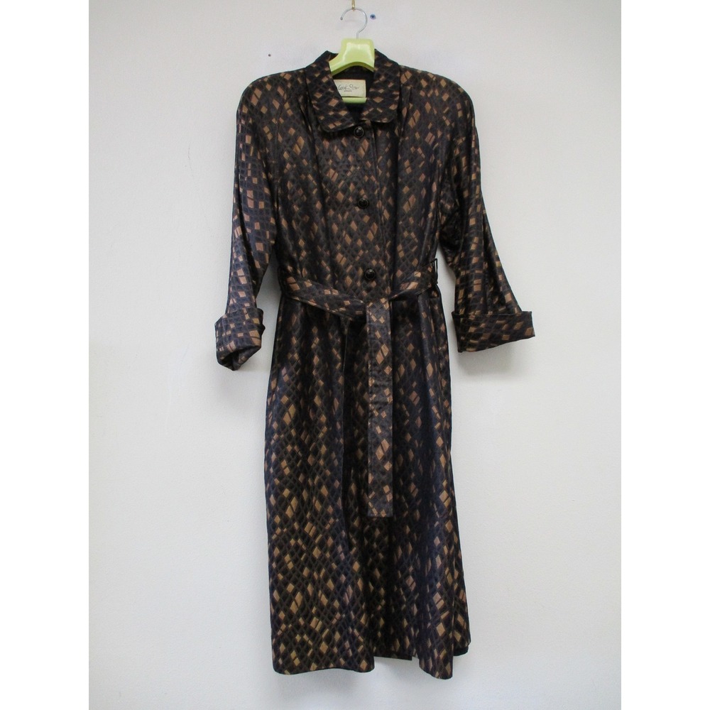 Look Star Trench Coat Women L Bronze Black Geometric Jacquard Belted Vintage